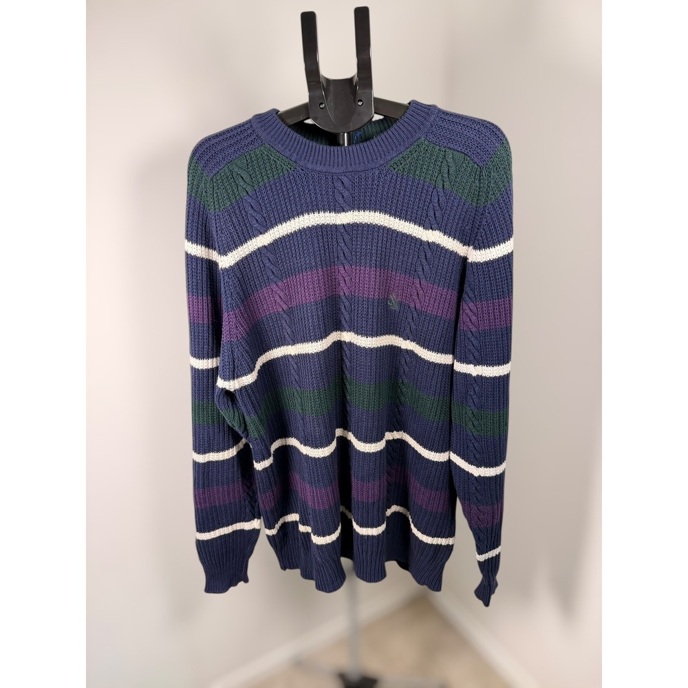 Vintage Nautica Striped Cable Knit Sweater Mens XL Navy Green Purple 100% Cotton